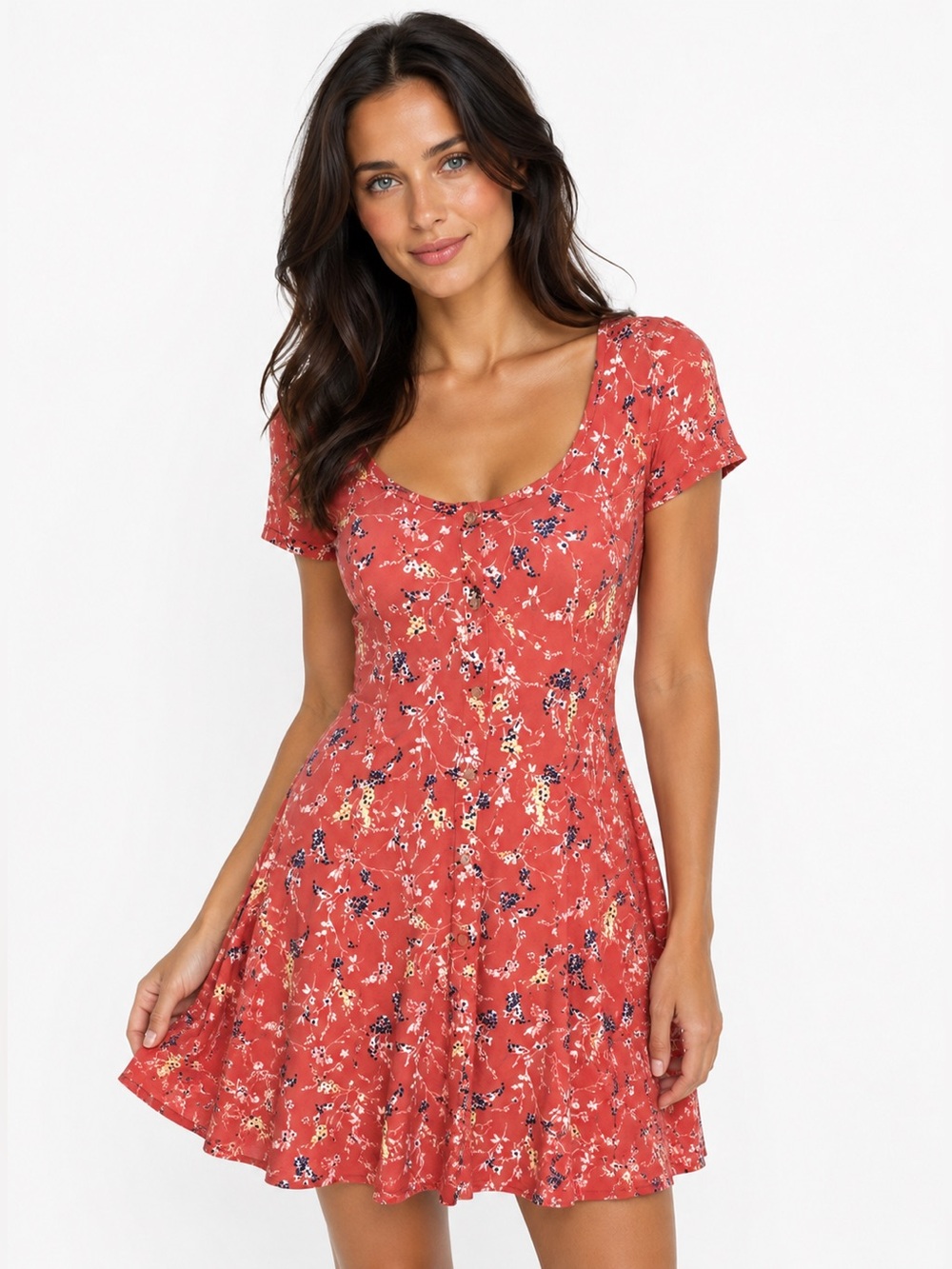 Coral Floral Fit & Flare Mini Dress XS Lace Up Back Cottagecore Boho